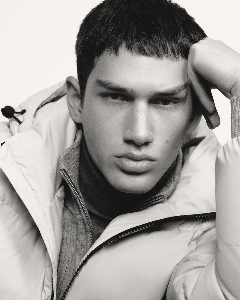 Luka poses for a close-up black-and-white portrait for Marc O'Polo