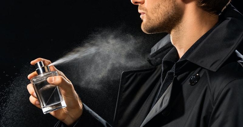 Man Wearing Trench Spraying Cologne Featured
