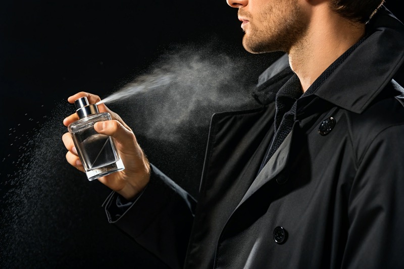 Man Wearing Trench Spraying Cologne