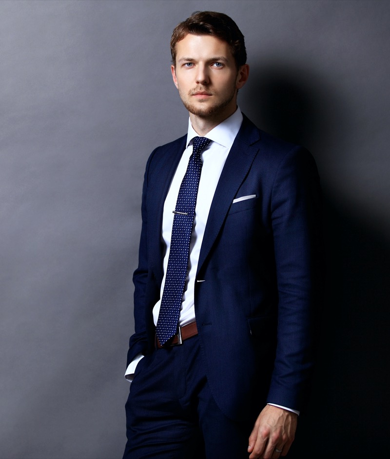 Navy suit men silver tie clip brown leather belt