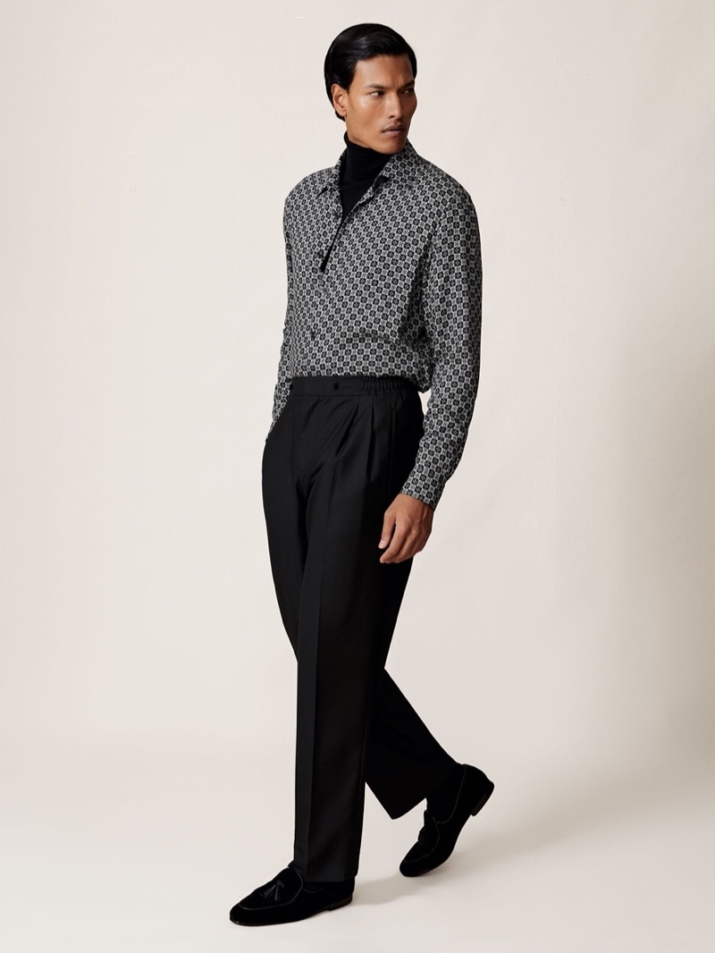 Reiss Medallion Print Long Sleeve Shirt Black