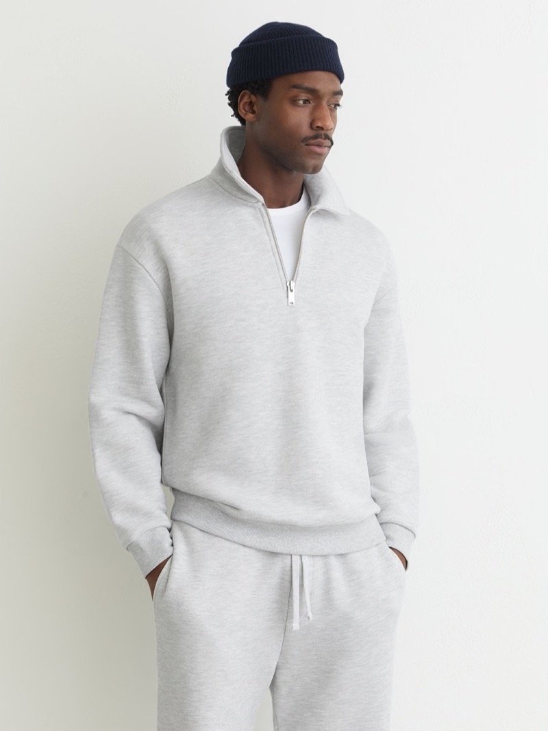 REISS Cotton Blend Heavyweight Zip Sweatshirt in Grey Melange