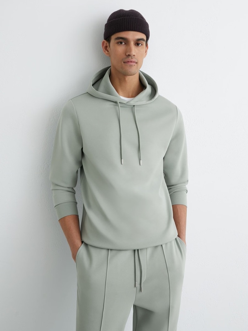 REISS Premium Interlock Jersey Hoodie in Mint Green