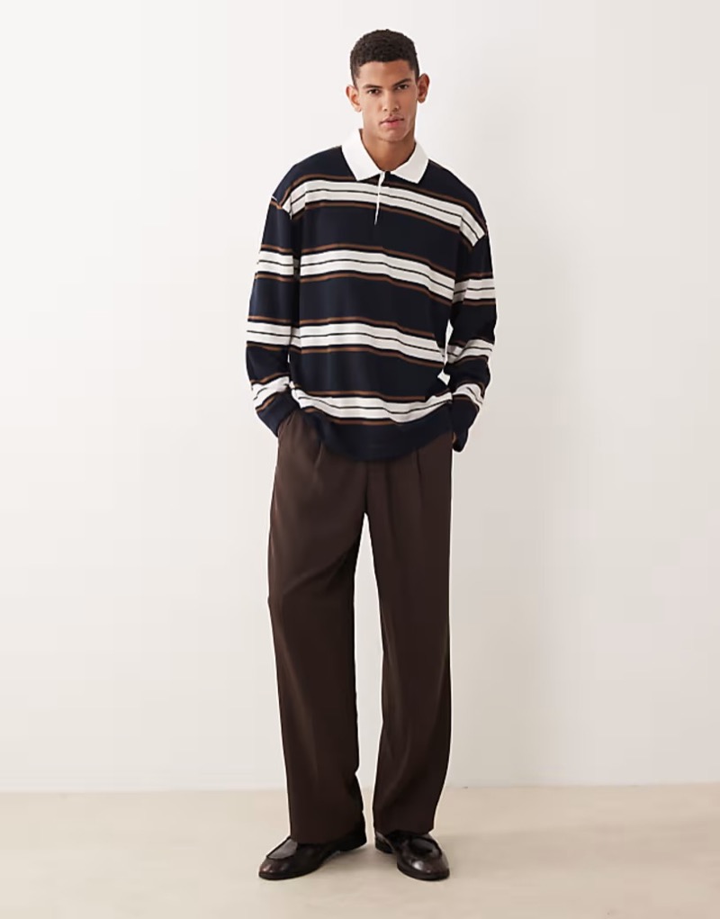 ASOS Design Heavyweight Oversized Long Sleeve Rugby Polo Navy Brown Stripe