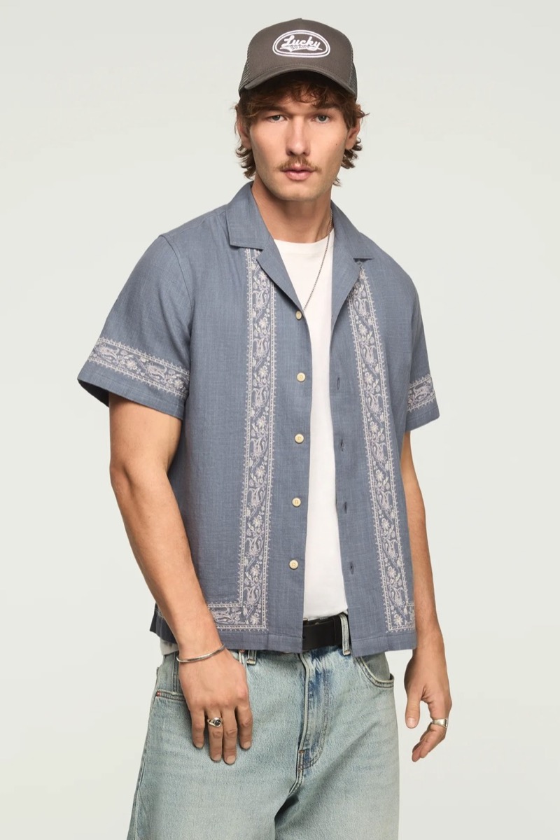 Lucky Brand Embroidered Camp Collar Shirt