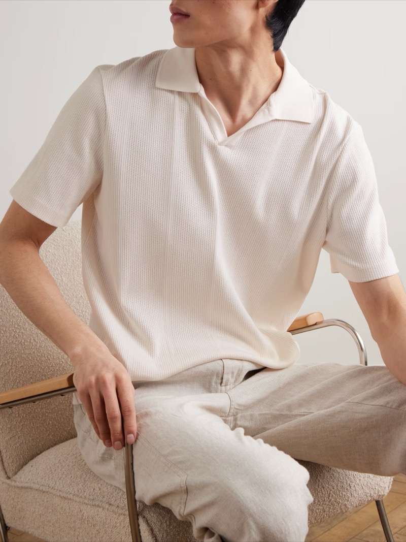 Mr P Jonny Open Collar Pointelle Knit Cotton Polo Shirt