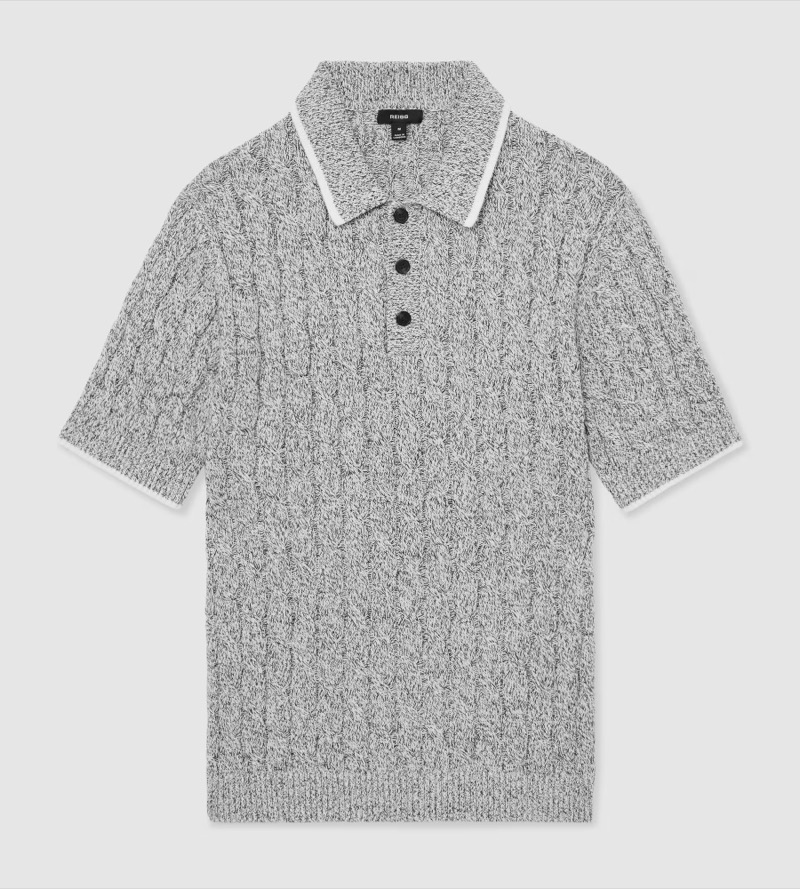 Reiss Cotton Cable Knit Polo Shirt Black White