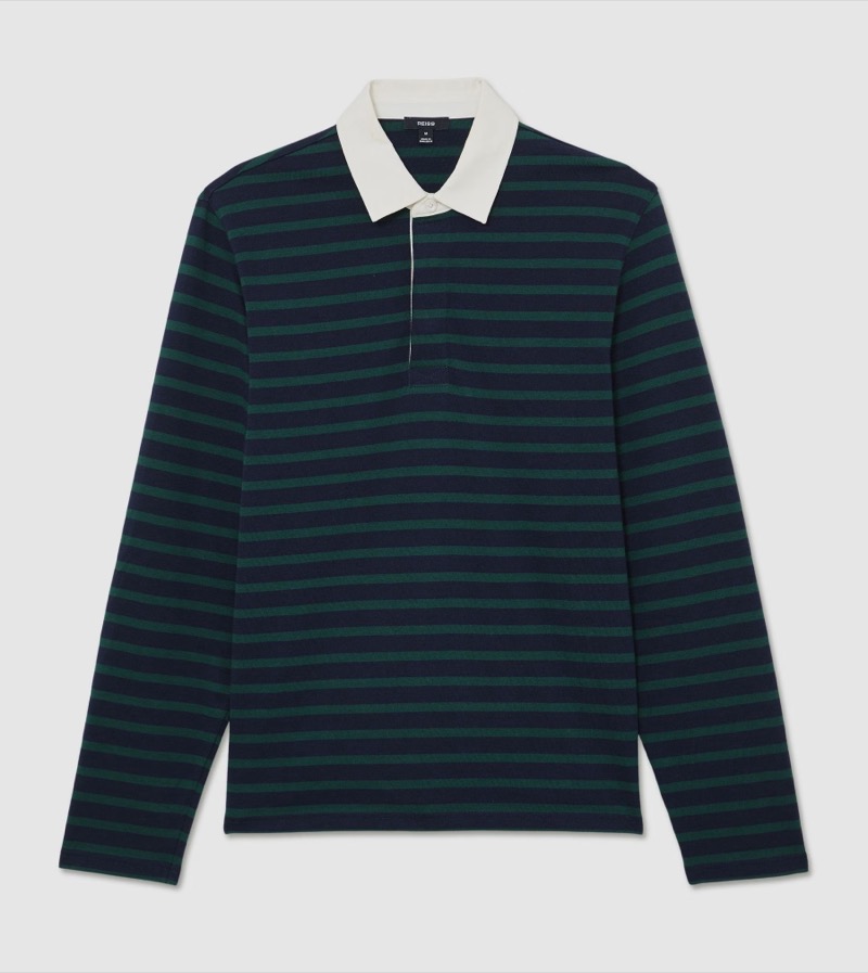 Reiss Cotton Rugby Stripe Polo Shirt Navy Green