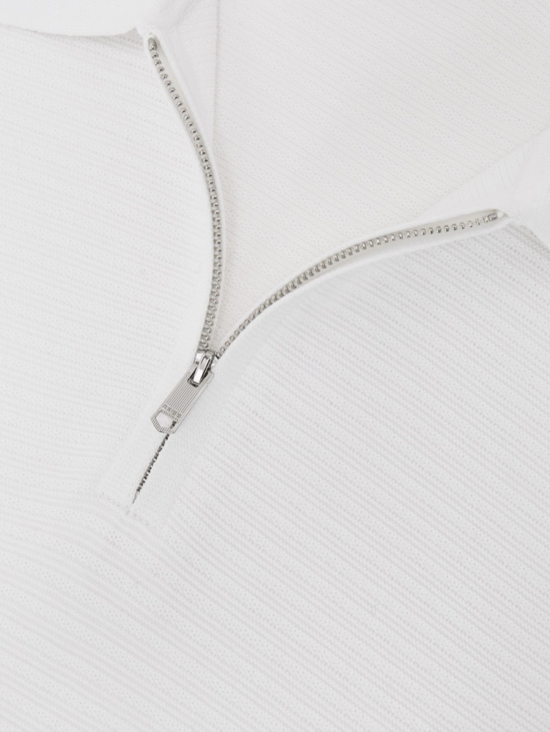 Reiss Textured Knit Half Zip Polo Shirt White Detail