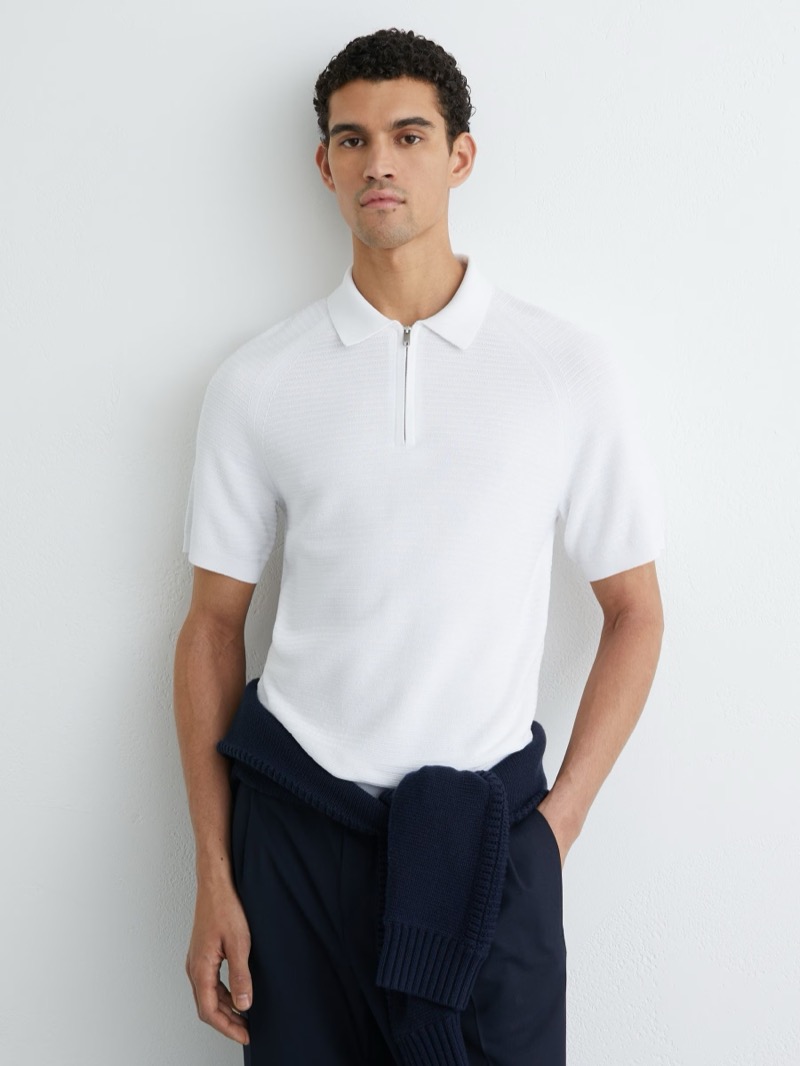 Reiss Textured Knit Half Zip Polo Shirt White
