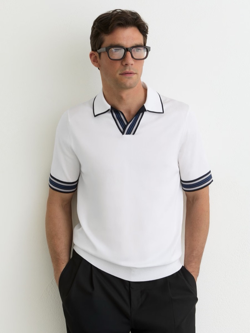 Reiss Tipped Open Collar Knitted Polo Shirt White