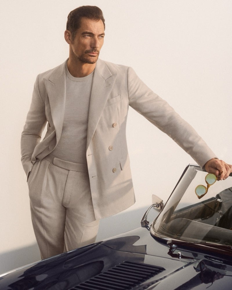 David Gandy wears a double-breasted linen suit in an oatmeal color from Ralph Lauren Purple Label
