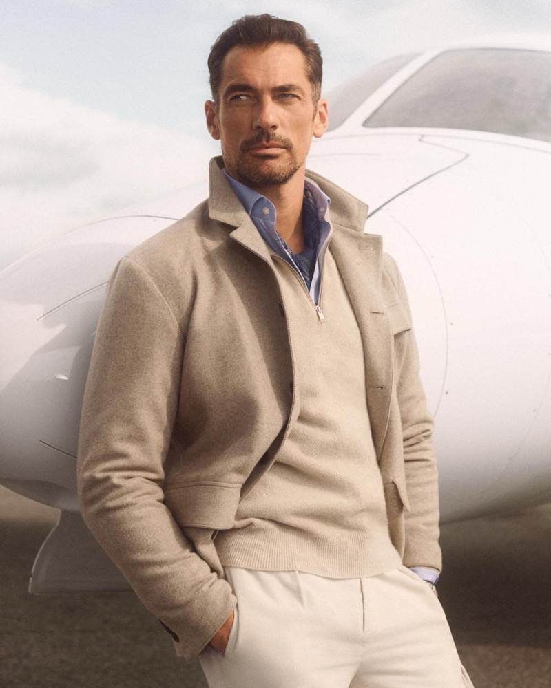 David Gandy layers in a cashmere quarter-zip, stables jacket, and oxford shirt from Ralph Lauren Purple Label