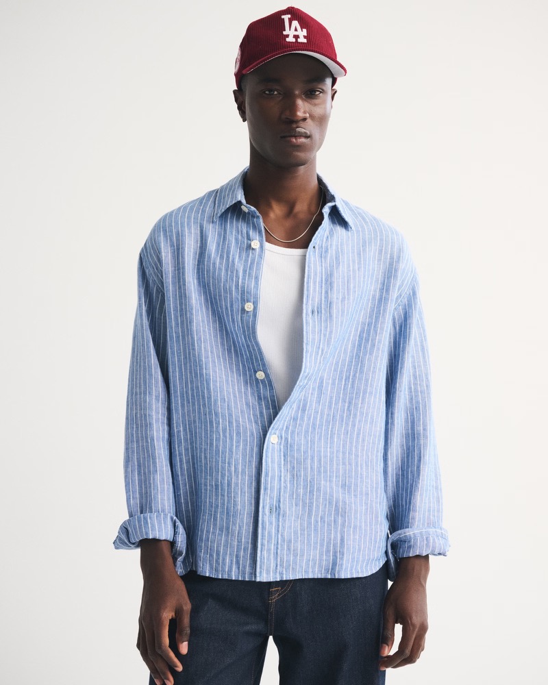 Abercrombie & Fitch Striped 100% Linen Button Up Shirt