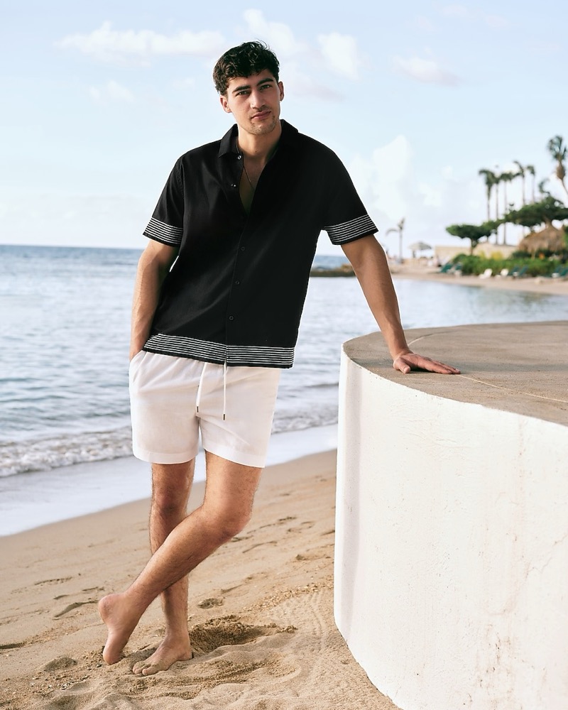 Express Embroidered Striped Linen blend Short Sleeve Shirt Linen blend Drawstring Elastic Waist Shorts