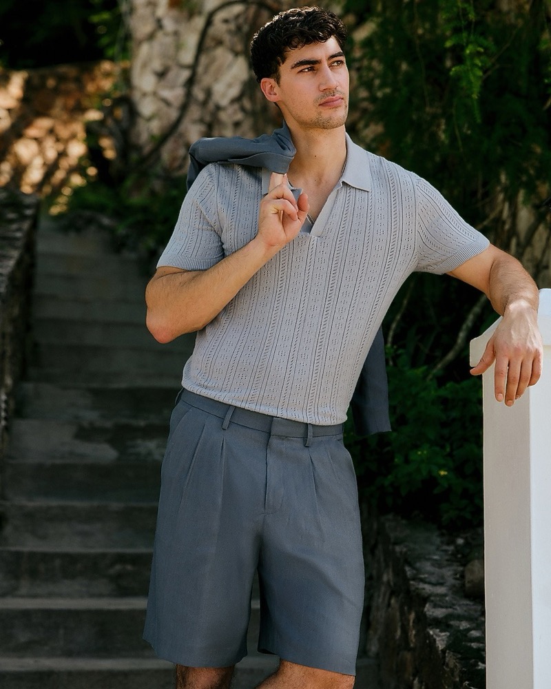 Express Pointelle Open Knit Johnny Collar Sweater Polo Dusty Blue