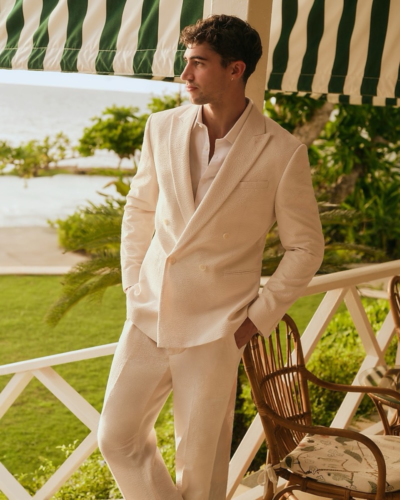 Express Slim Pearl White Cotton Blend Double Breasted Seersucker Suit Jacket Pants