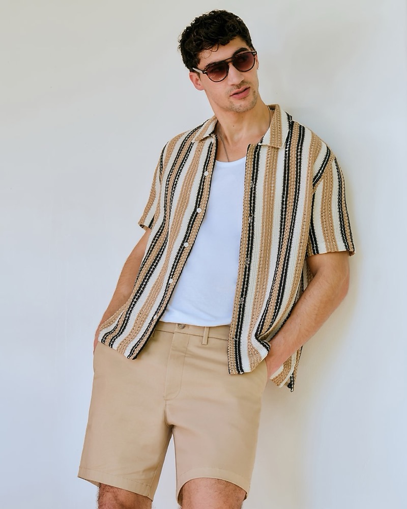 Express Textured Open Knit Tan Striped Short Sleeve Shirt Comfort Waist Hyper Stretch Chino Shorts Model