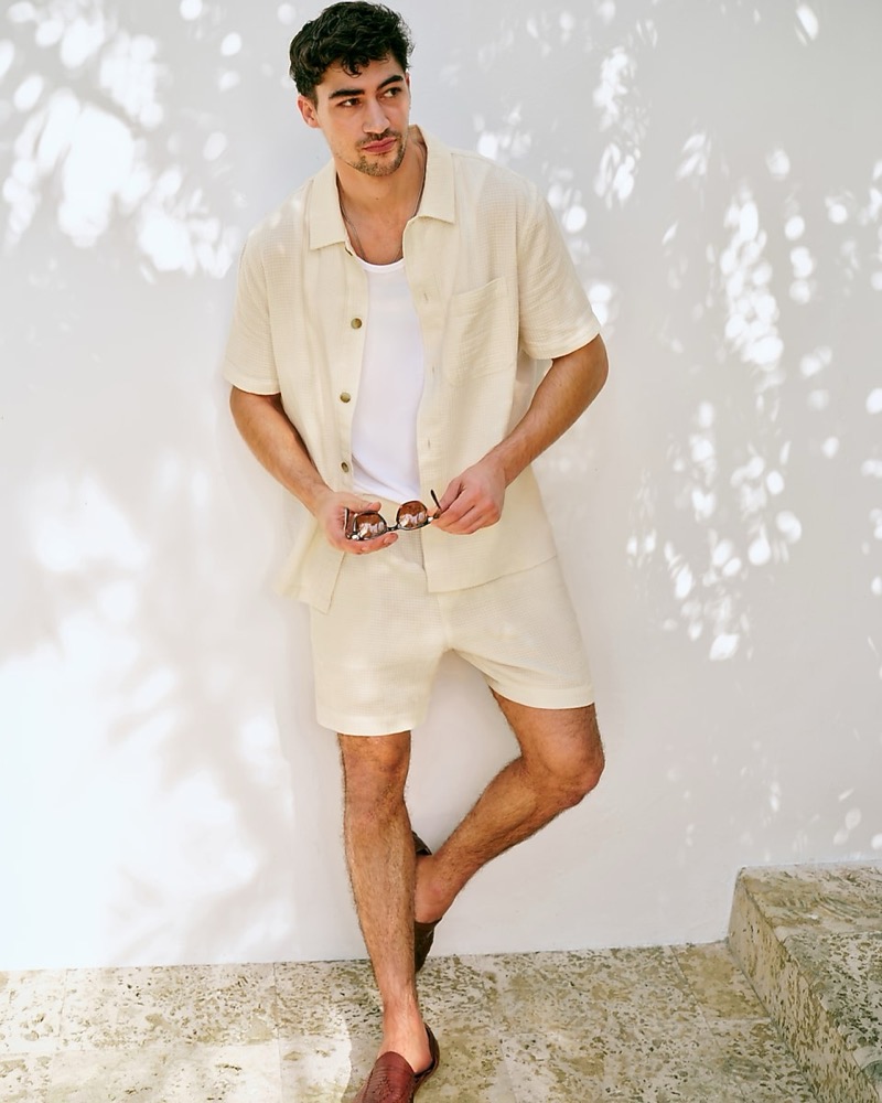 Express Waffle Textured Cotton Short Sleeve Shirt Waffle Textured Cotton Drawstring Elastic Waist Shorts