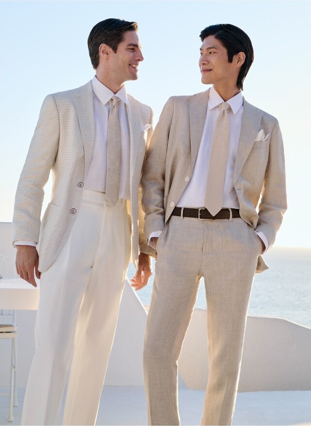 BOSS dresses the groom and a male wedding guest for summer 2026 in neutral colors