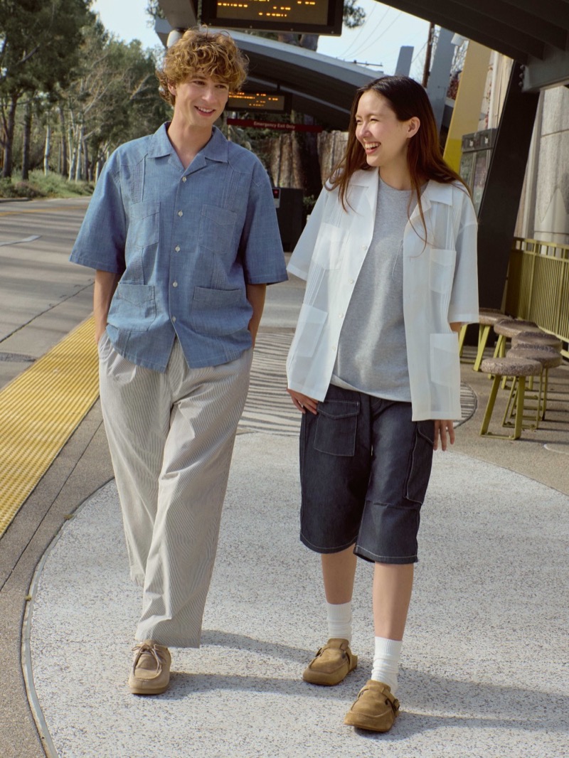 Models wear Guayabera shirts from the GU x Engineered Garments collection