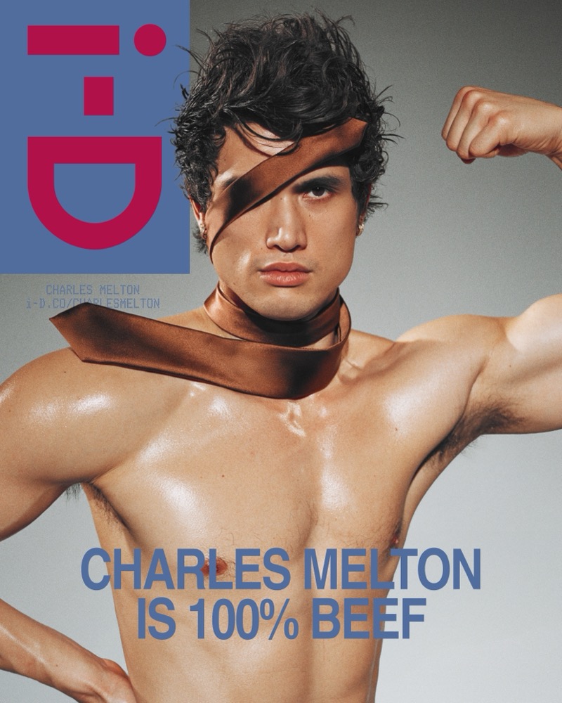 Charles Melton poses shirtless with a brown tie across his chest for the i-D digital cover