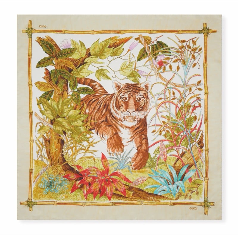 Gucci Art of Silk scarf with a tiger prowling through tropical foliage framed by a bamboo border on a cream ground