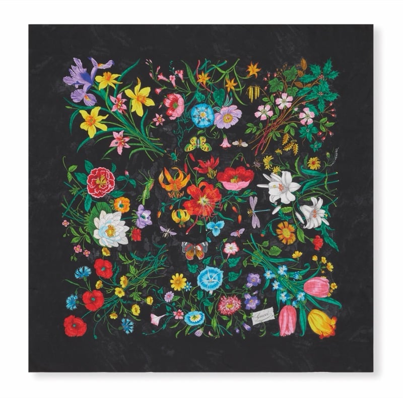Gucci Art of Silk Flora scarf with wildflowers, butterflies, and insects scattered across a black ground