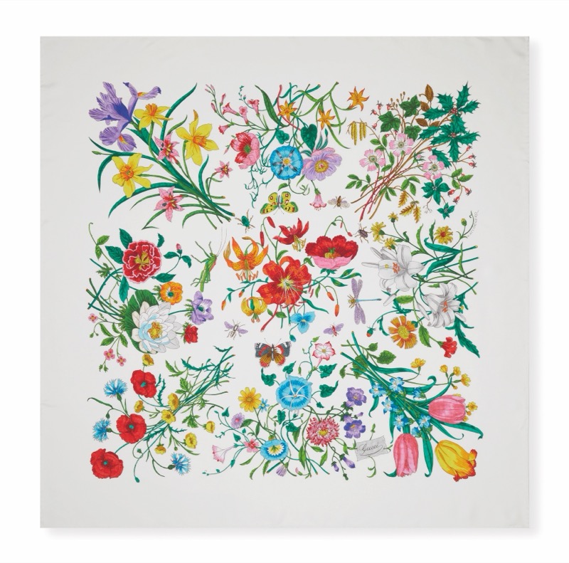 Gucci Art of Silk Flora scarf with wildflowers, butterflies, and insects scattered across a white ground