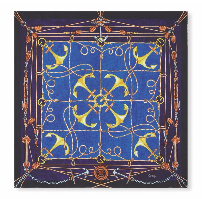 Gucci Art of Silk scarf with golden anchors, rope, and nautical chains on a blue and navy ground