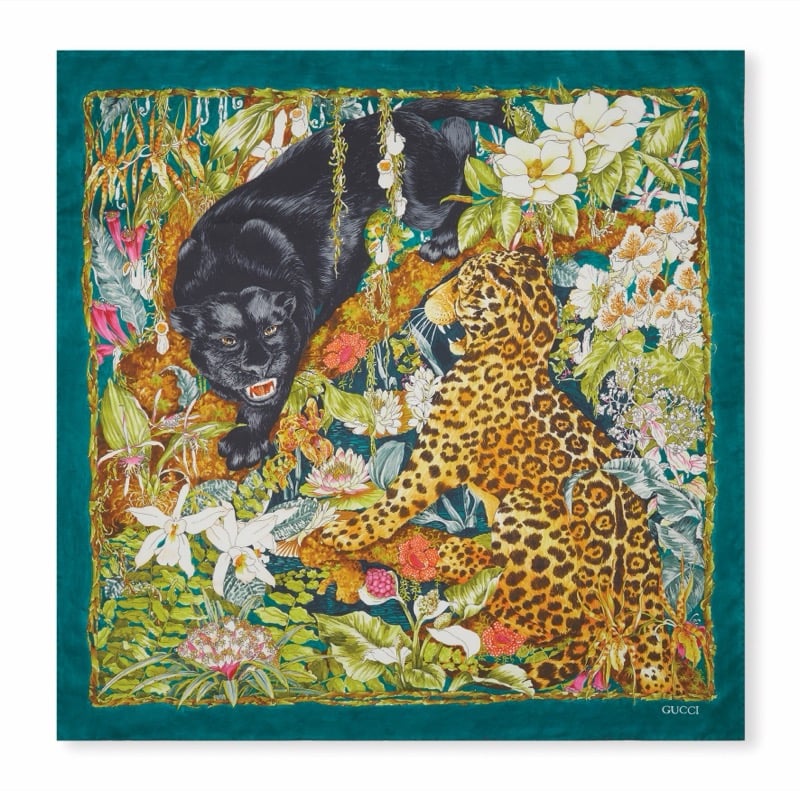 Gucci Art of Silk scarf with a black panther and leopard among tropical flowers and foliage on a teal ground