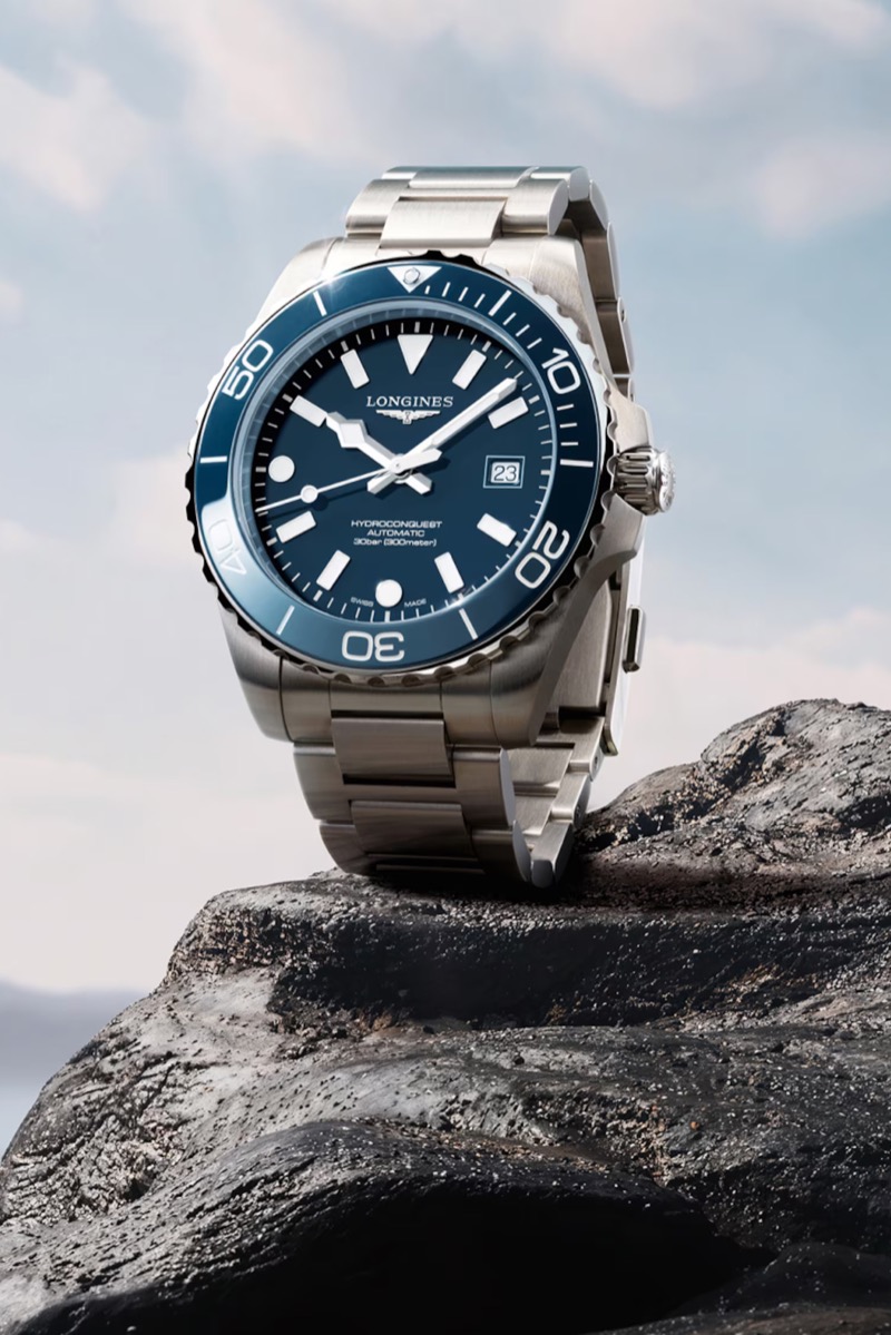 The Longines HydroConquest with a blue dial and blue ceramic bezel on a steel bracelet