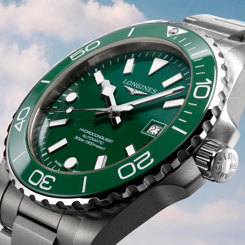 A close-up of the Longines HydroConquest with a green dial and green ceramic bezel