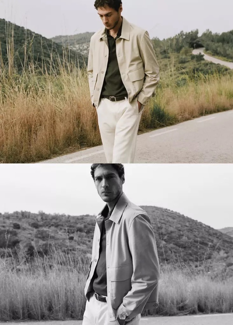 Pierre-Benoit wears a cream jacket over a dark polo with white trousers