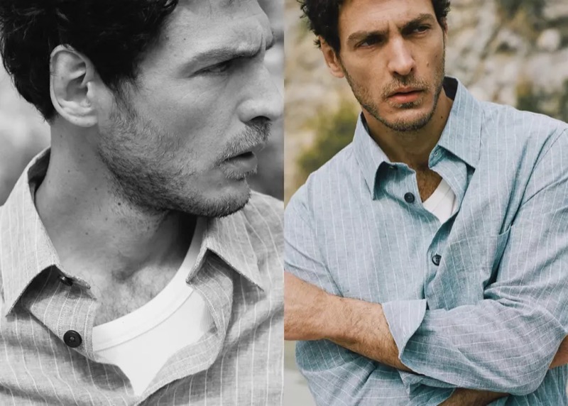 Pierre-Benoit wears pinstripe and light blue linen shirts in a split portrait