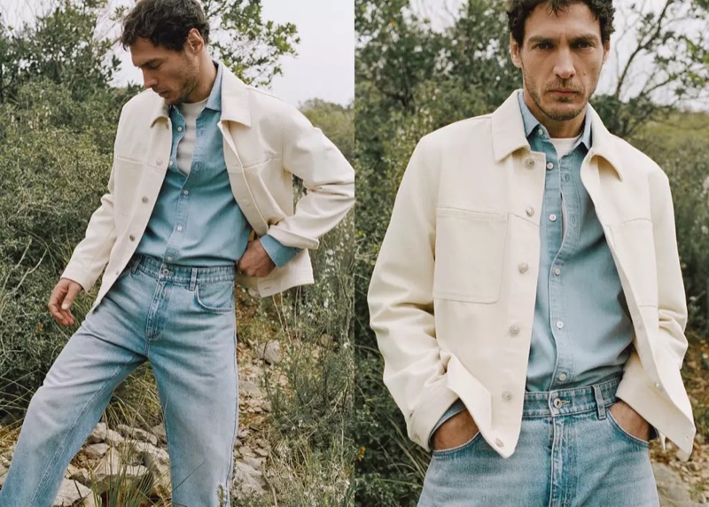 Pierre-Benoit wears a cream jacket over a light blue denim shirt with jeans