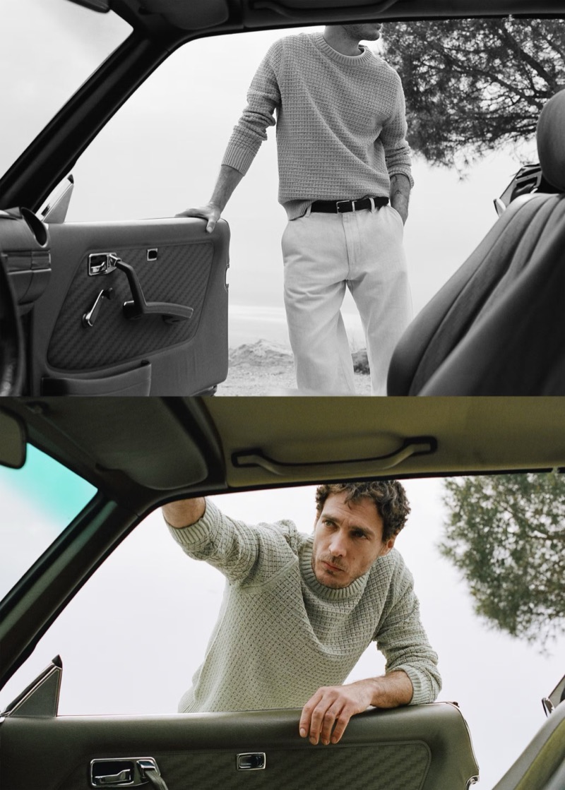 Pierre-Benoit wears a sage lace-pattern cotton sweater with white trousers