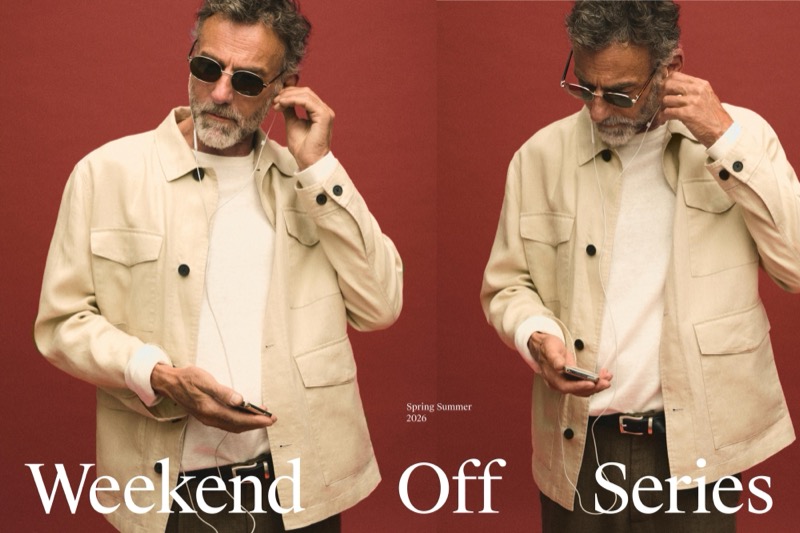 Alain wears a cream overshirt over a white tee with sunglasses for Massimo Dutti "Weekend Off Series"