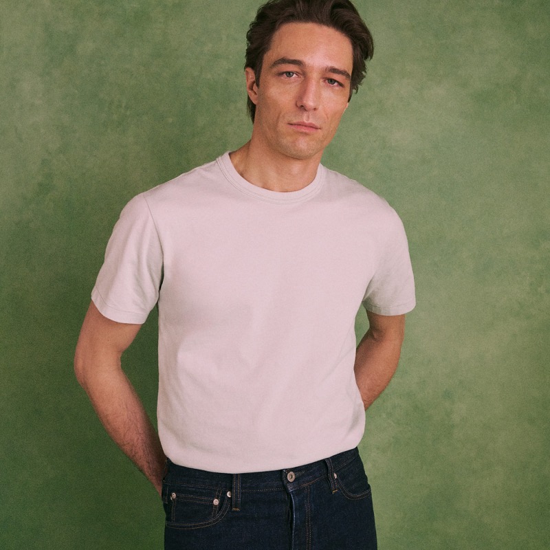 Model wears the Wallace & Barnes Heritage Weight Cotton T-Shirt in white with dark selvedge jeans