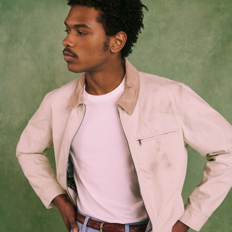 Model wears the Wallace & Barnes Lightweight Canvas Work Jacket with a corduroy collar over a white tee