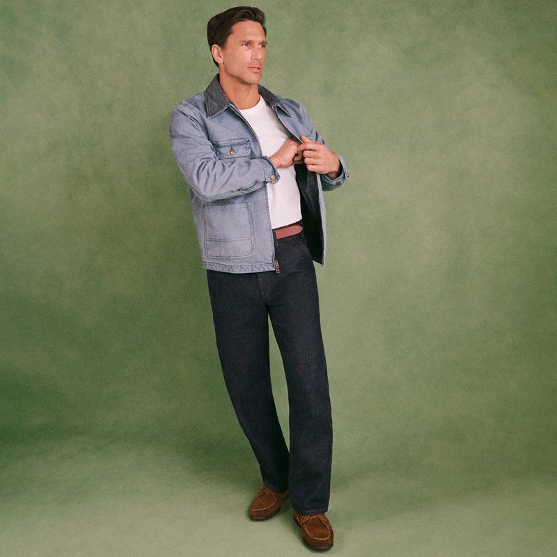 Model wears the Wallace & Barnes Straight-Fit Jean in Japanese Raw Selvedge Denim with a denim chore jacket and moccasins