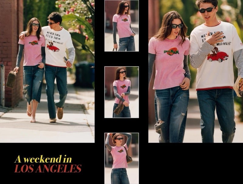 Ansley wears a pink Space Jam graphic T-shirt layered over a grey long-sleeve with ripped cropped jeans and sandals, while Clement wears a white Gremlins graphic long-sleeve reading Never Ever Feed Them After Midnight over a striped long-sleeve with worn straight-leg jeans