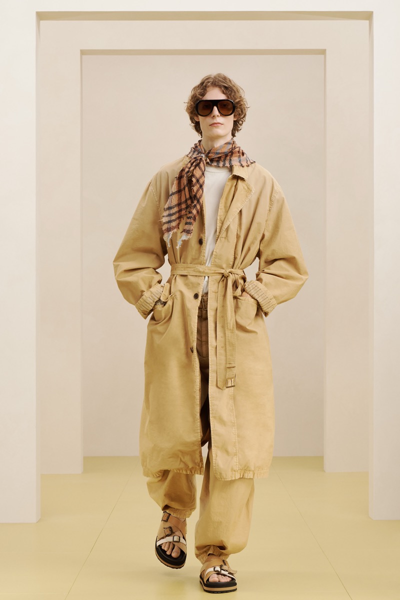 Zara SRPLS summer 2026 camel belted cotton trench coat over matching balloon trousers with a plaid neck scarf and sandals