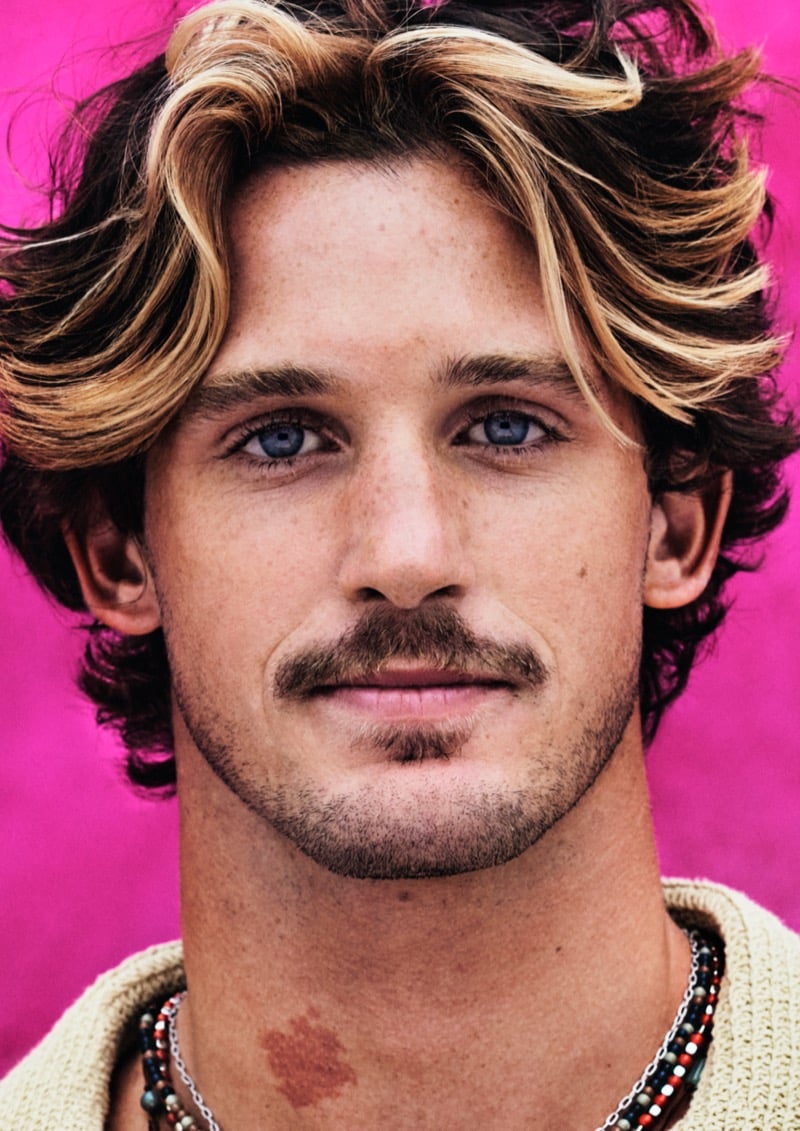 Close portrait of Luca against a hot pink backdrop with sun-bleached wavy hair, freckles, layered beaded necklaces, and a cream knit