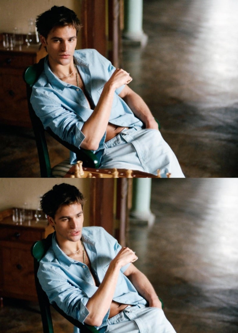 Parker sits at a chess board in a light blue shirt and light wash jeans inside an estate interior for Zara