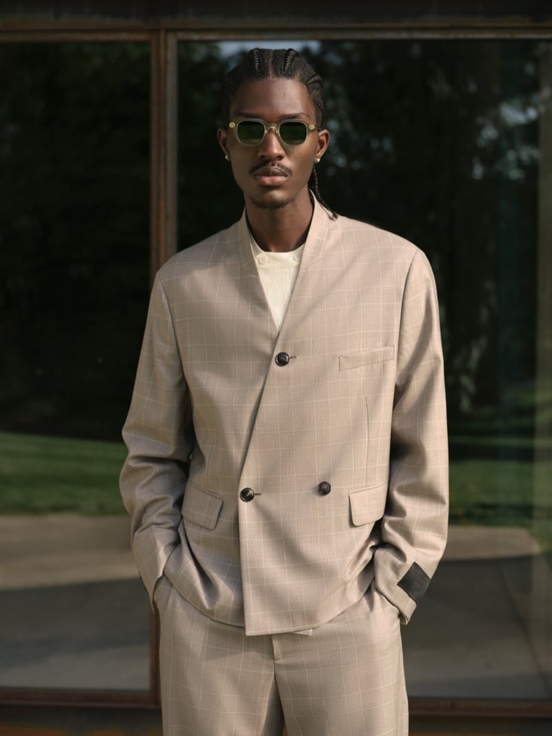 Anarcius Jean wears a beige windowpane wool collarless double-breasted jacket and matching trousers over a cream mandarin-collared shirt with green-tinted square sunglasses