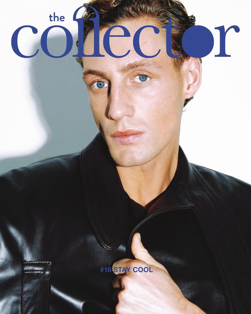 Aubrey O'Mahony covers The Collector issue 16 in a black Institution leather cape with a close-cropped portrait, the blue 'the collector' masthead and '#16 Stay Cool' cover line printed across the frame