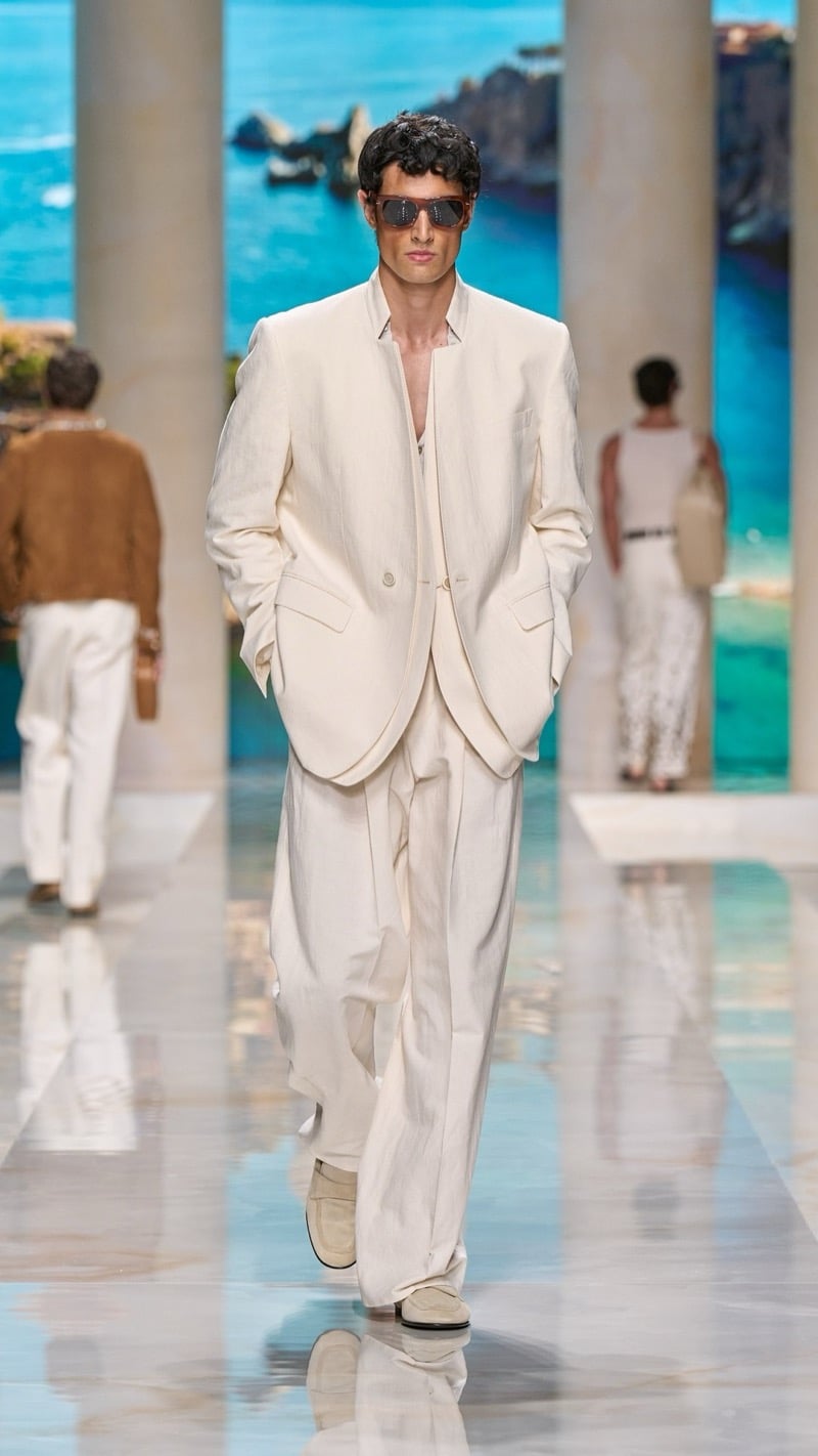 Model in shield sunglasses wears a layered linen suit in muted ivory with a band-collar, paired with wide pleated trousers and pale loafers
