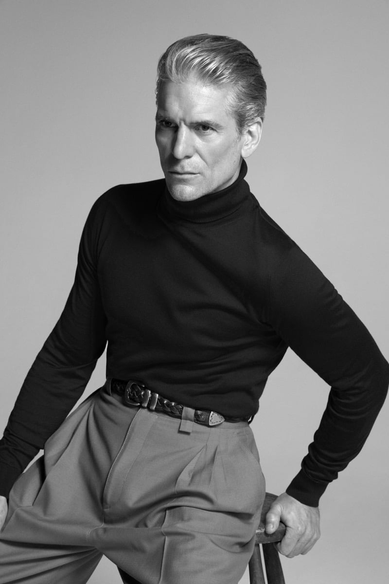 Felix Friedman wears the John Smedley Hawley extra fine merino wool rollneck, paired with pleated trousers and a braided belt