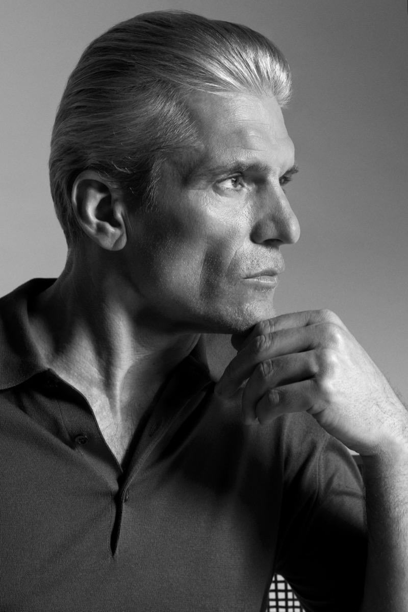 Profile portrait of Felix Friedman wearing the John Smedley Isis Sea Island cotton short-sleeve polo